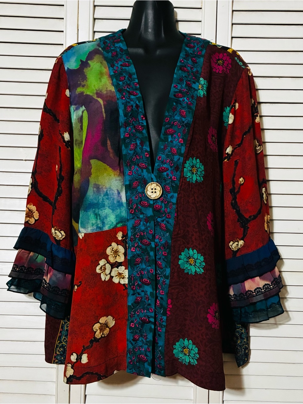 John Mark Multicolor Floral Patchwork Tunic - Teal, Red, Turquoise - Picture 5 of 7